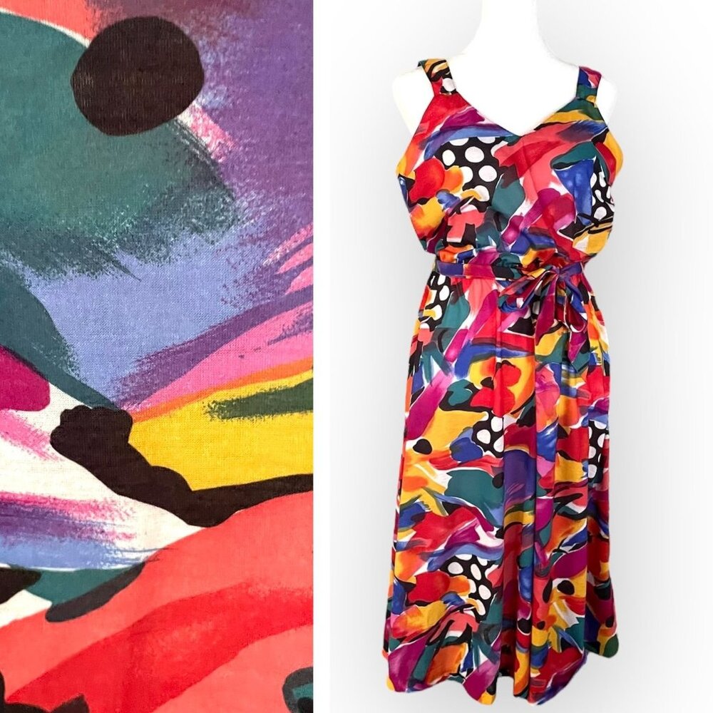 Vintage 90s Darian Colorful Brushstroke Sleeveless Summer Dress With Waist Tie
